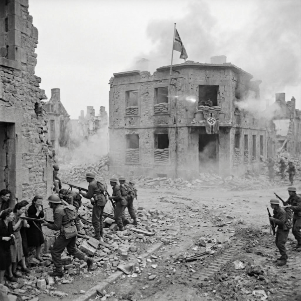 Allied soldiers and tanks advancing through a bombed-out town with German defenders