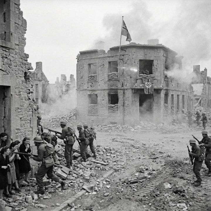 Allied soldiers and tanks advancing through a bombed-out town with German defenders